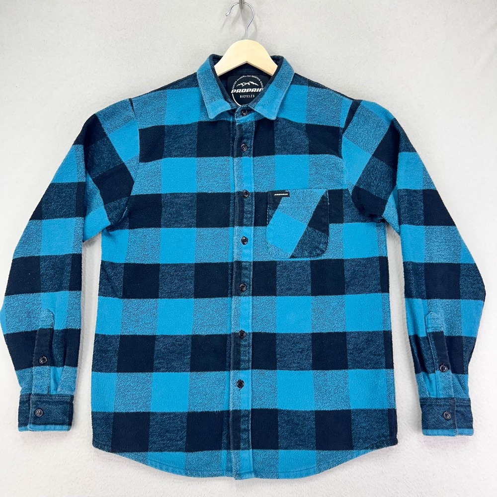 PROPAIN Bicycles Flannel Shirt Mens Small Blue‎ Buffalo Plaid Long Sleeve MTB